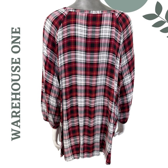 🛍️3/$40 Warehouse One Plaid Peasant Blouse – Red White Size 3X - Picture 3 of 5